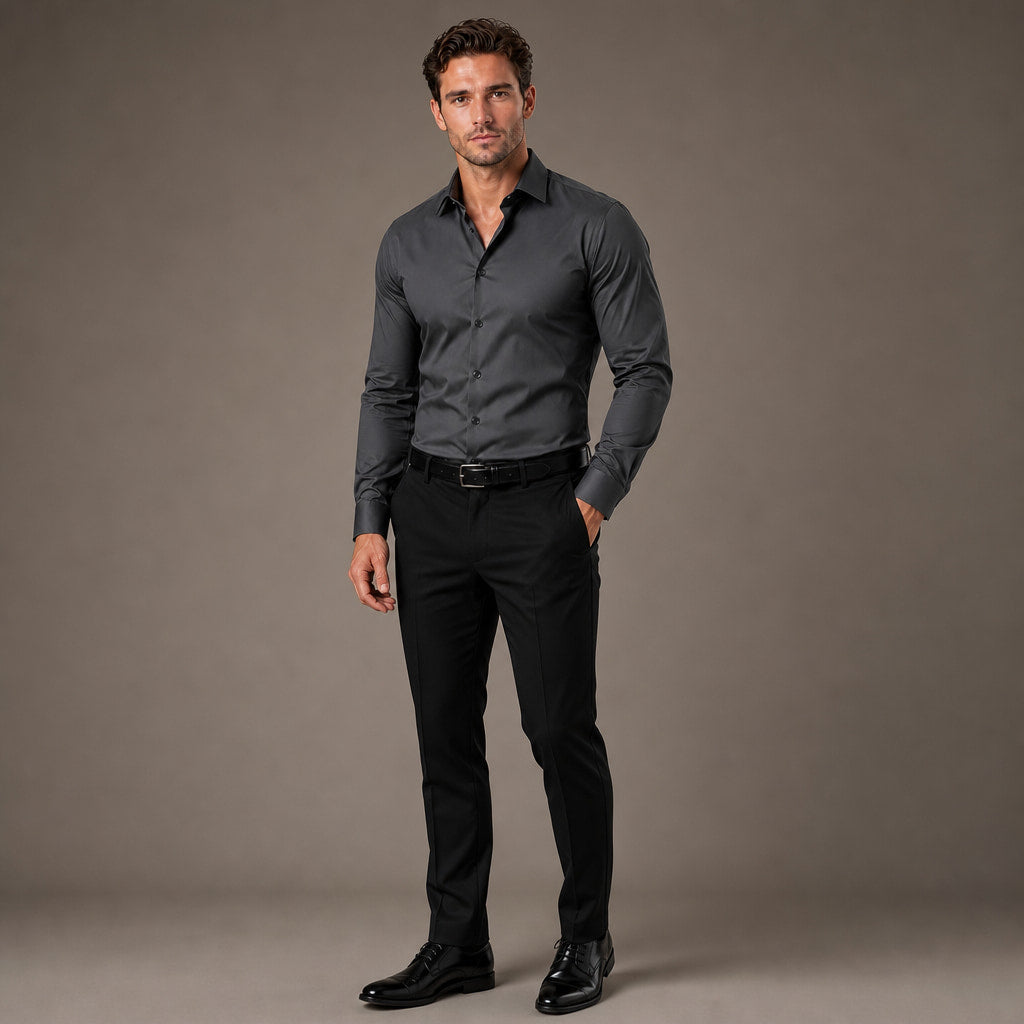Dress Shirts Slim Fit Long Sleeve Formal Black Gray – Side Angle View