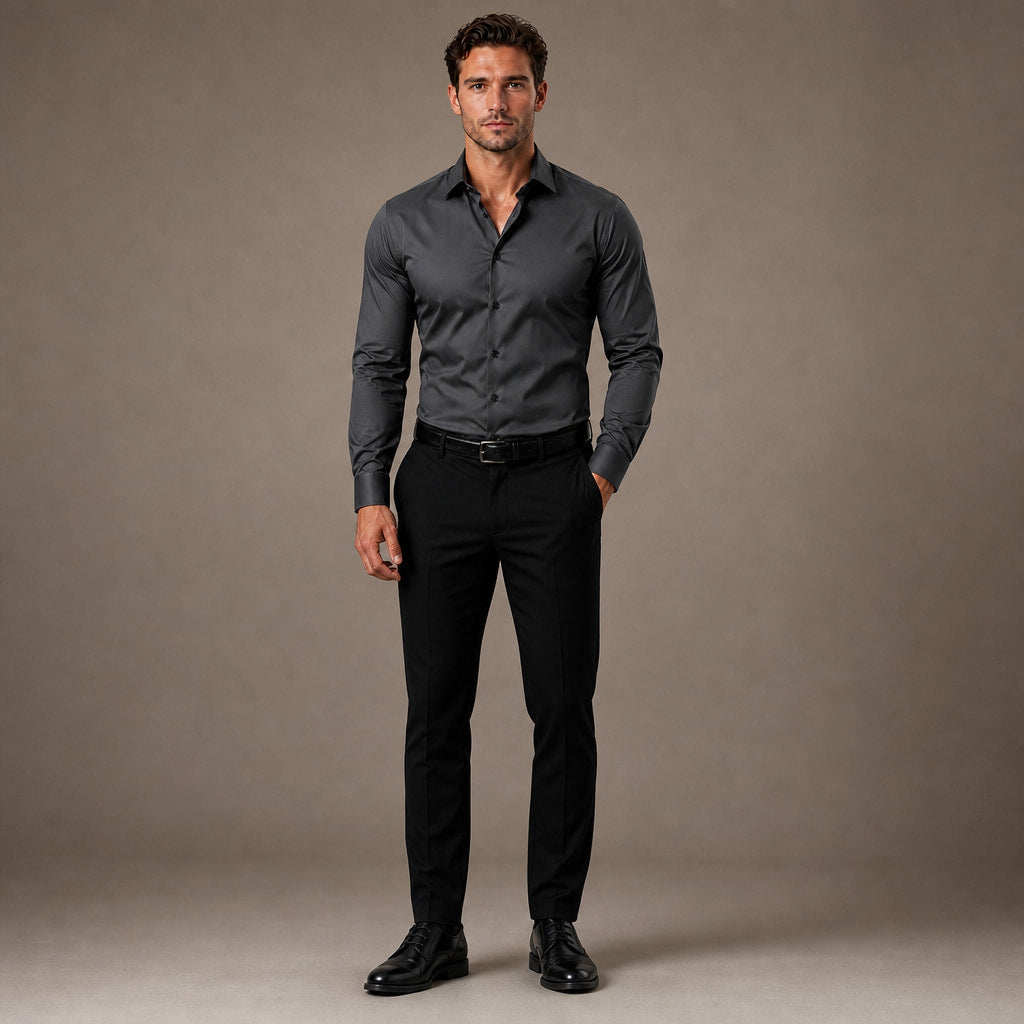 Dress Shirts Slim Fit Long Sleeve Formal Black Gray – Full Look