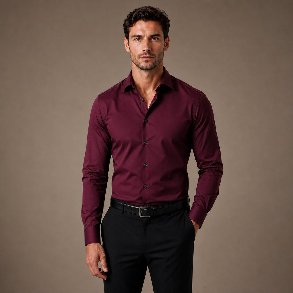 Dress Shirts Slim Fit Long Sleeve Formal Wine Red – Product Photo