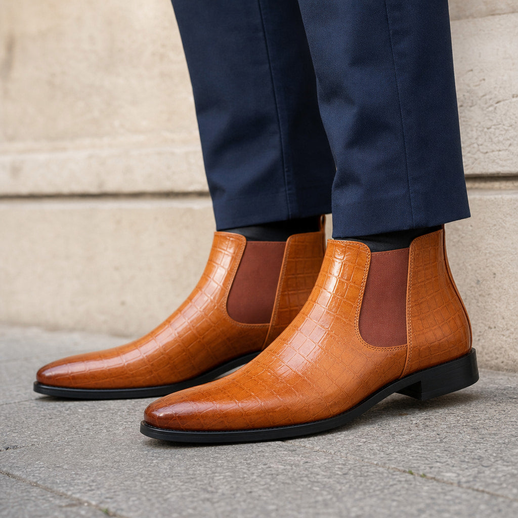 Chelsea Boot Croc Embossed Leather Cognac Brown – Side Angle View