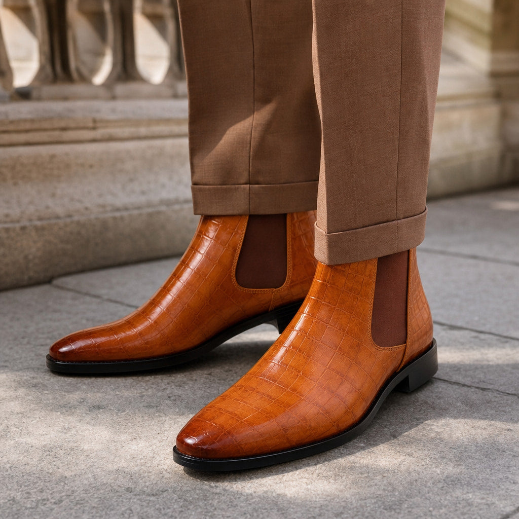 Chelsea Boot Croc Embossed Leather Cognac Brown – Full Look