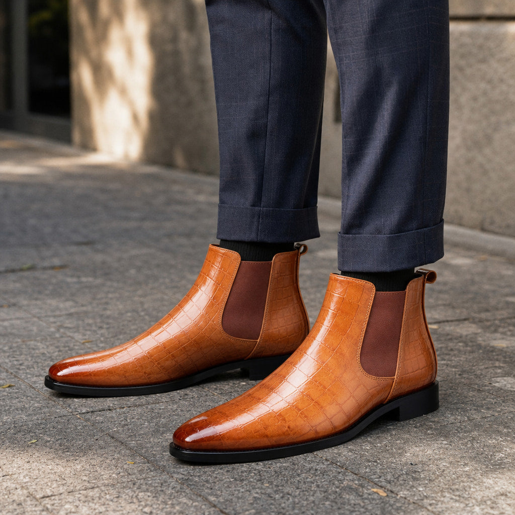 Chelsea Boot Croc Embossed Leather in Cognac Brown – Tarlano Premium Menswear