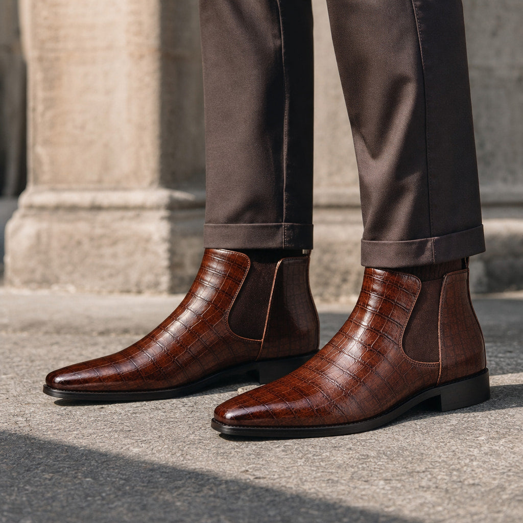 Chelsea Boot Croc Embossed Leather in Dark Brown – Tarlano Premium Menswear