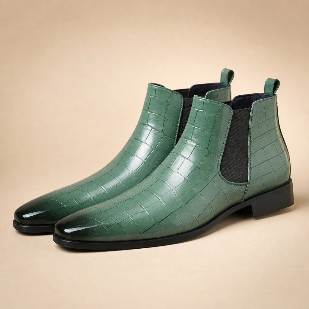 Chelsea Boot Croc Embossed Leather Sage Green – Product Photo