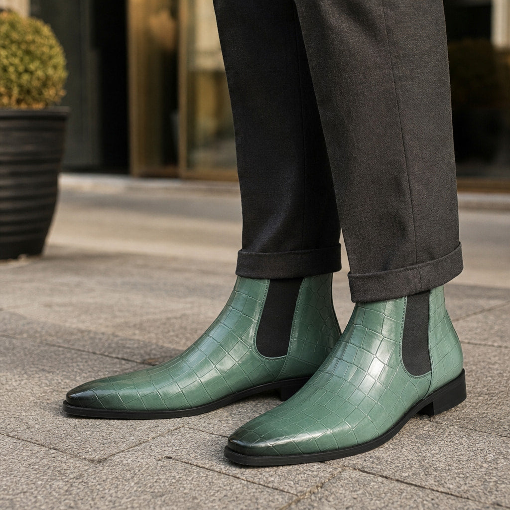 Chelsea Boot Croc Embossed Leather in Sage Green – Tarlano Premium Menswear