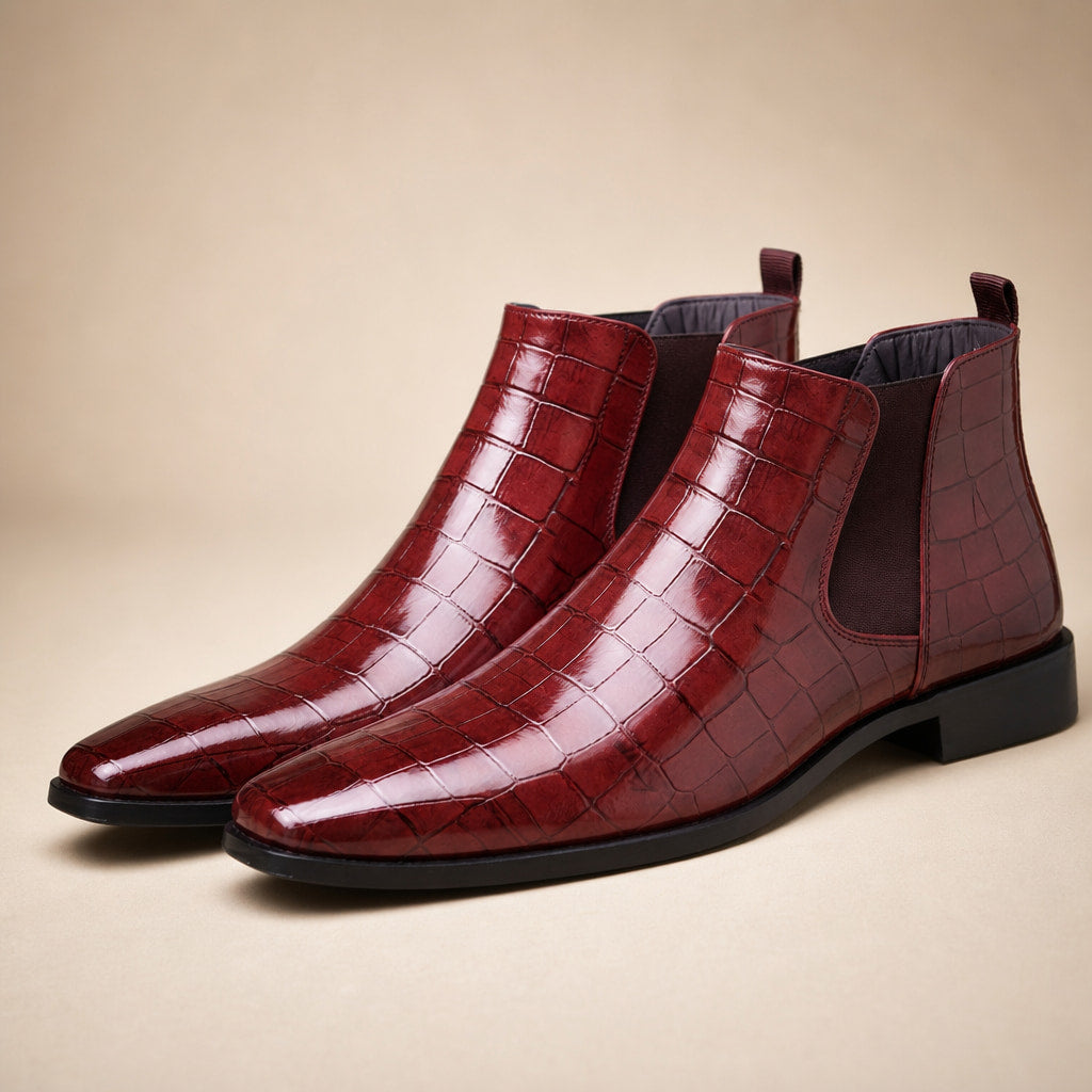 Chelsea Boot Croc Embossed Leather Wine Red – Product Photo