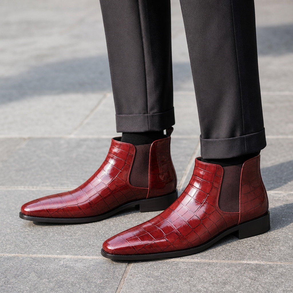 Chelsea Boot Croc Embossed Leather in Wine Red – Tarlano Premium Menswear