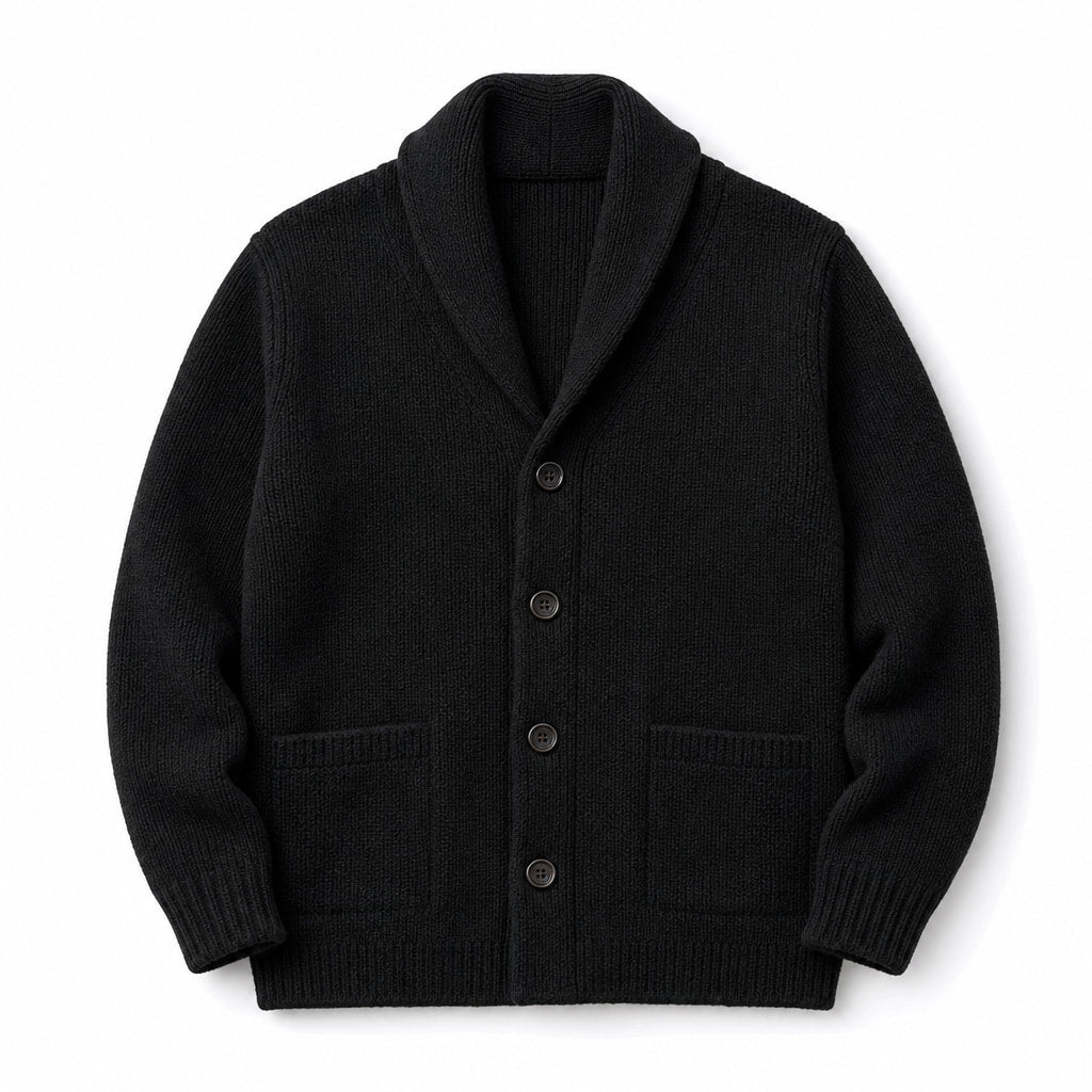 Cardigan Shawl Collar Button-Front Knit Black – Product Photo