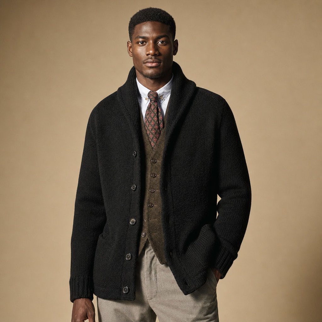Cardigan Shawl Collar Button-Front Knit in Black – Tarlano Premium Menswear