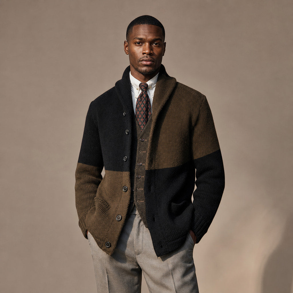 Cardigan Shawl Collar Button-Front Knit in Black/Brown – Tarlano Premium Menswear