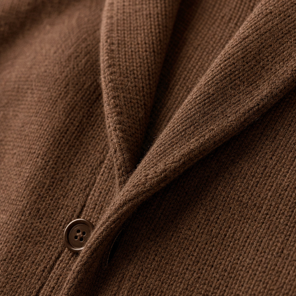 Cardigan Shawl Collar Button-Front Knit Brown – Fabric and Detail Close-Up