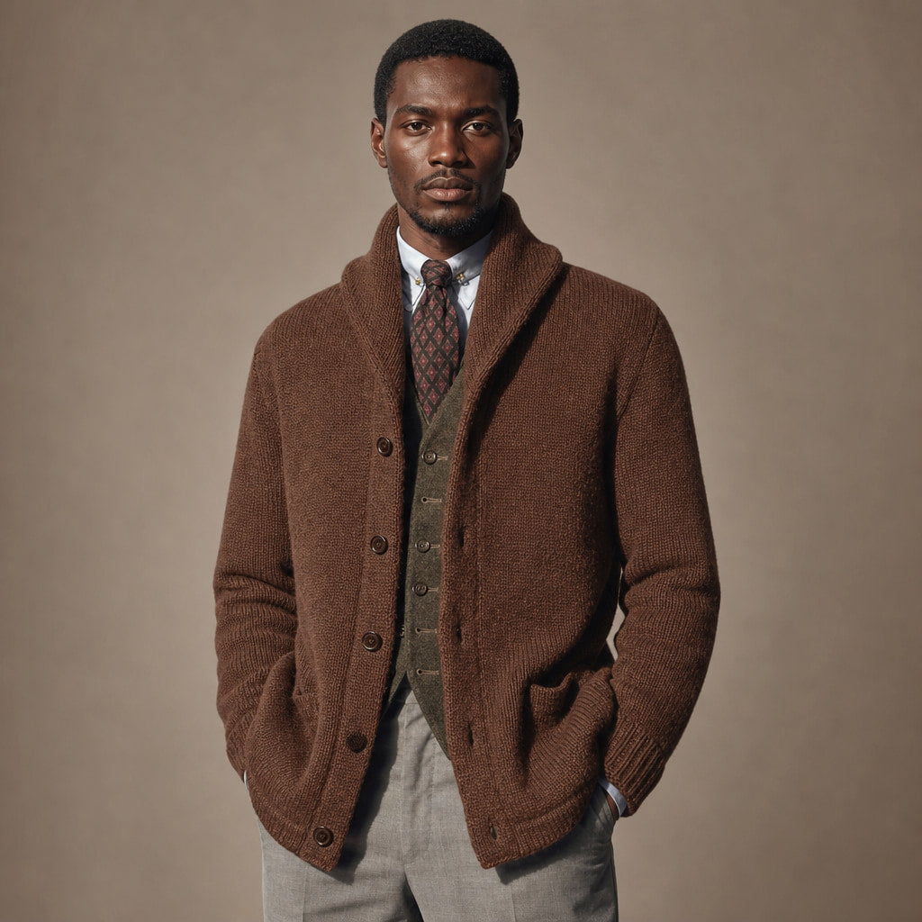 Cardigan Shawl Collar Button-Front Knit in Brown – Tarlano Premium Menswear