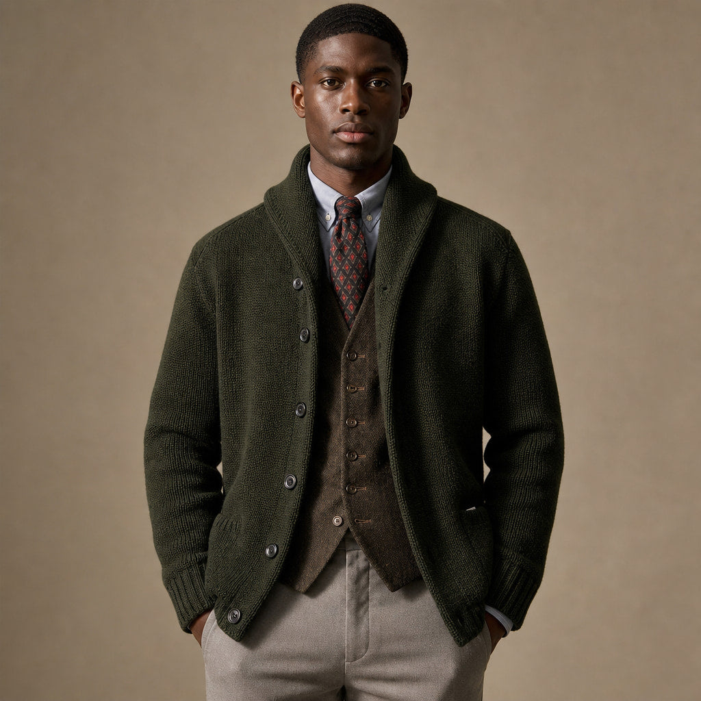 Cardigan Shawl Collar Button-Front Knit in Dark Green – Tarlano Premium Menswear