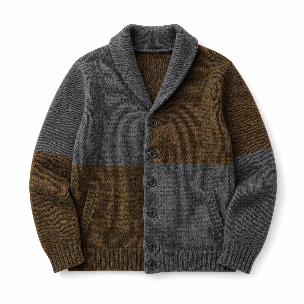 Cardigan Shawl Collar Button-Front Knit Gray/Brown – Product Photo