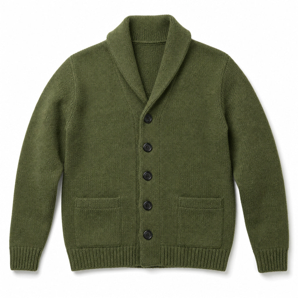 Cardigan Shawl Collar Button-Front Knit Green – Product Photo