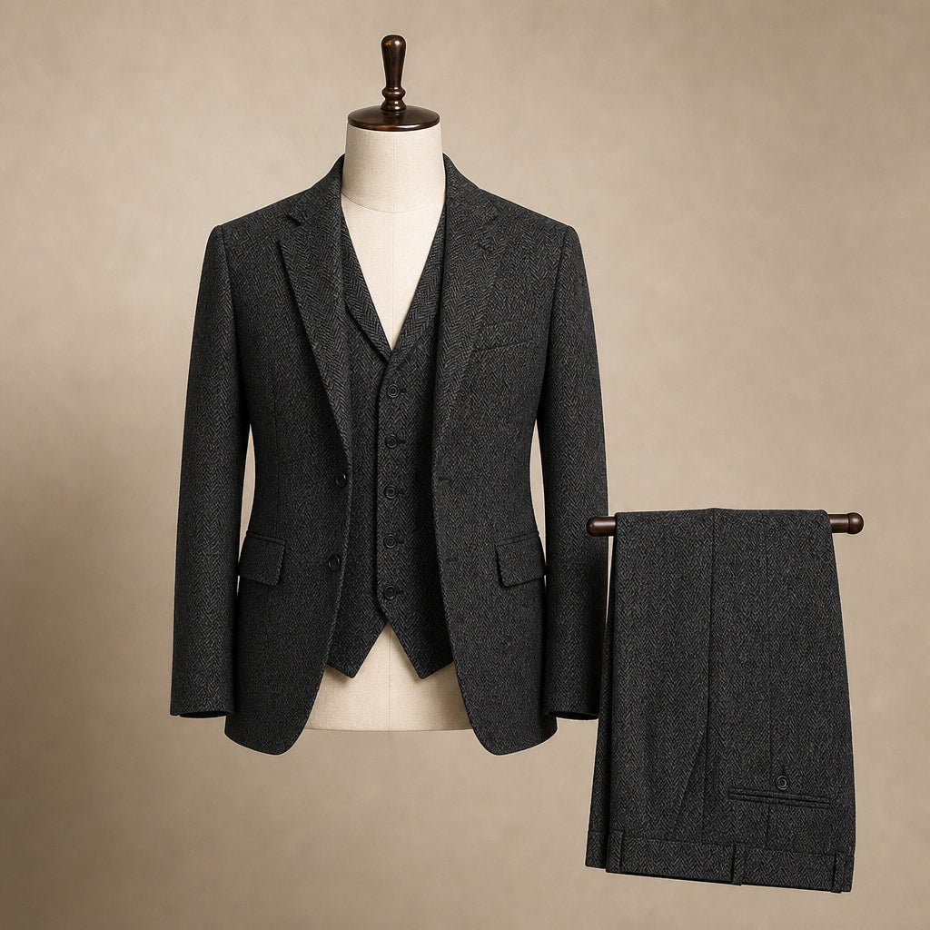 Herringbone Waistcoat Tweed Classic Fit Black – Product Photo