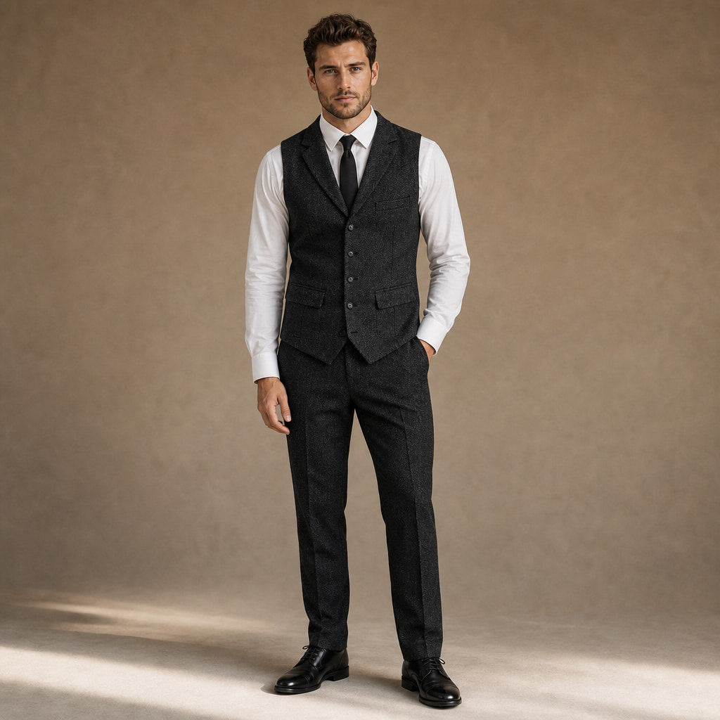 Herringbone Waistcoat Tweed Classic Fit in Black – Tarlano Premium Menswear