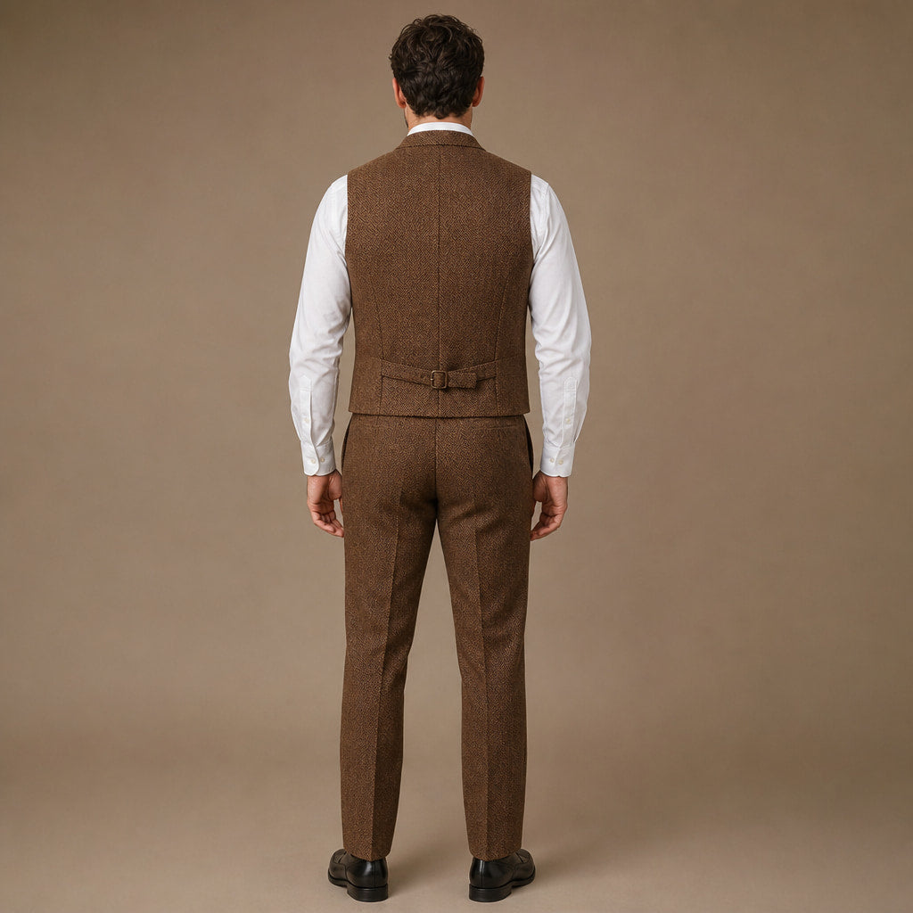 Herringbone Waistcoat Tweed Classic Fit Brown – Side Angle View