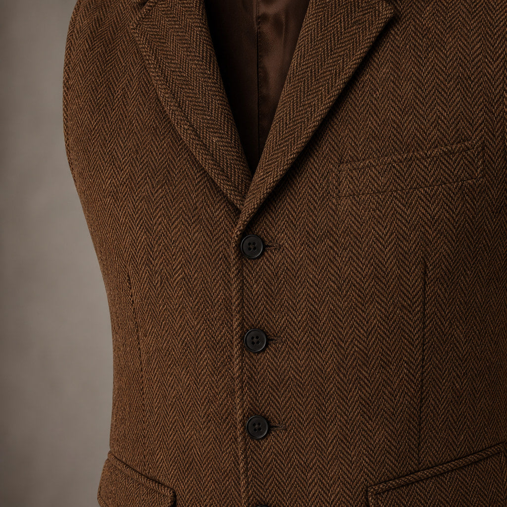 Herringbone Waistcoat Tweed Classic Fit Brown – Fabric and Detail Close-Up