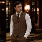 Herringbone Waistcoat Tweed Classic Fit Brown – Styled Editorial Shot