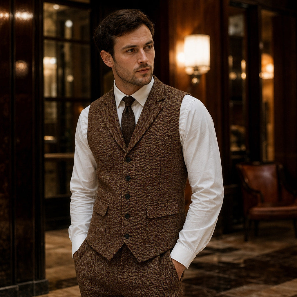 Herringbone Waistcoat Tweed Classic Fit Brown – Styled Editorial Shot