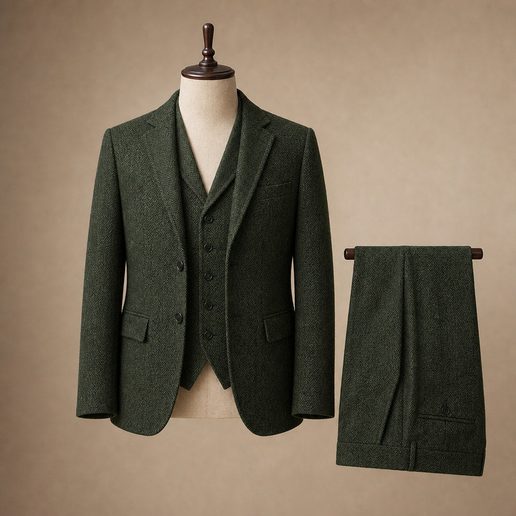 Herringbone Waistcoat Tweed Classic Fit Dark Green – Product Photo
