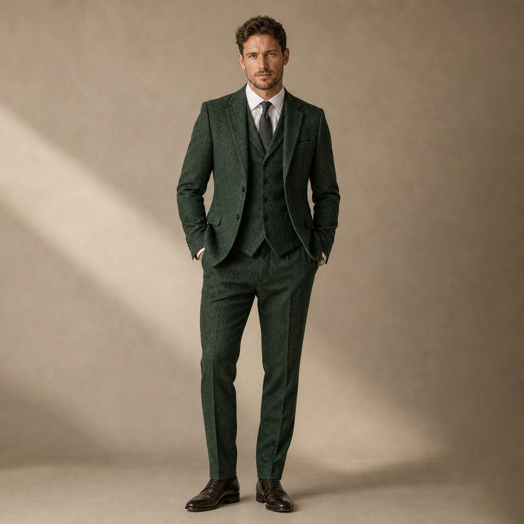 Herringbone Waistcoat Tweed Classic Fit in Dark Green – Tarlano Premium Menswear