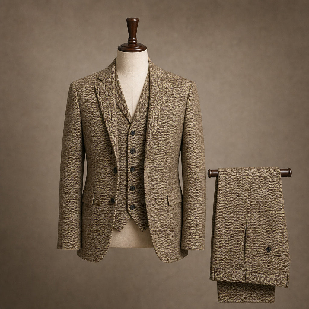 Herringbone Waistcoat Tweed Classic Fit Khaki – Product Photo