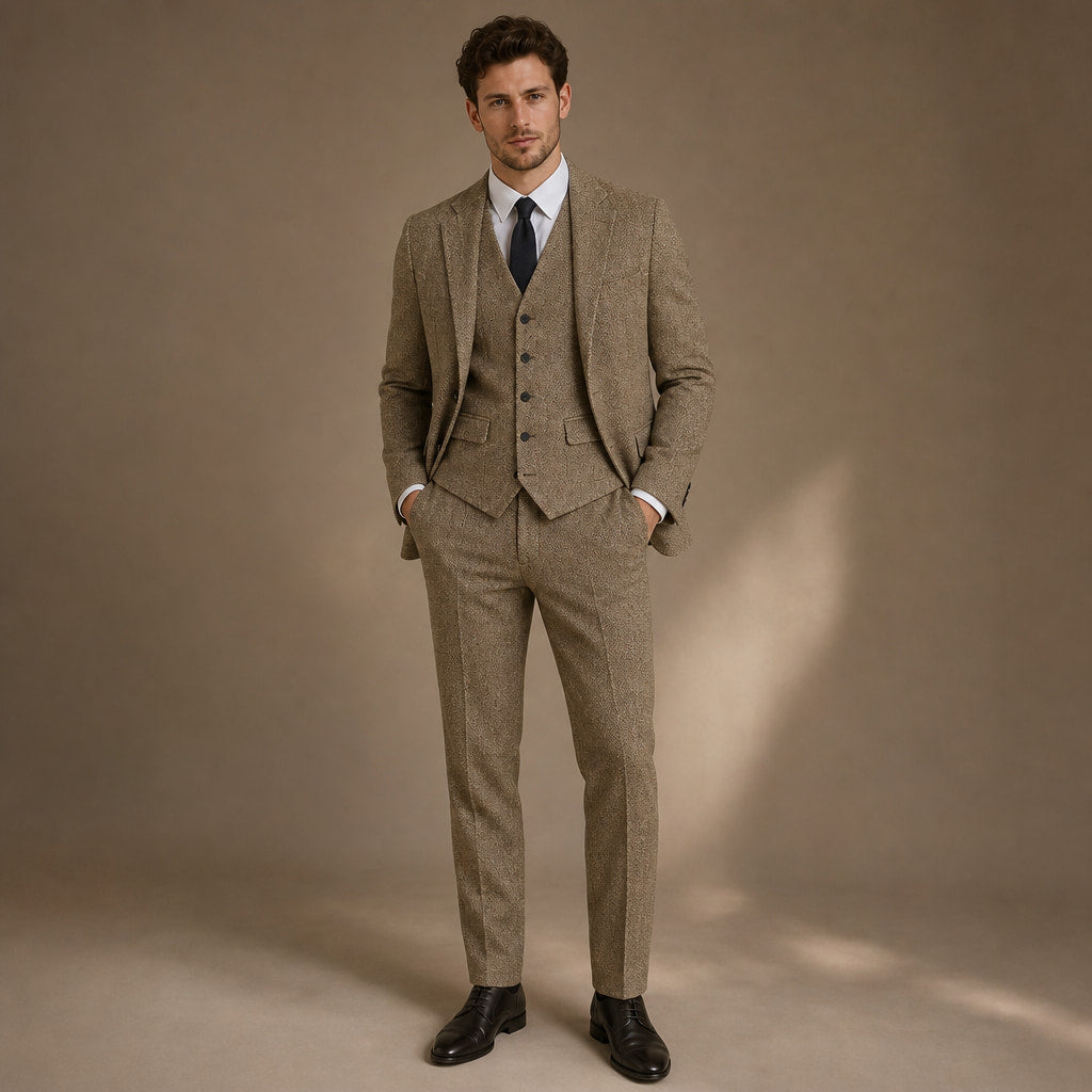 Herringbone Waistcoat Tweed Classic Fit in Khaki – Tarlano Premium Menswear