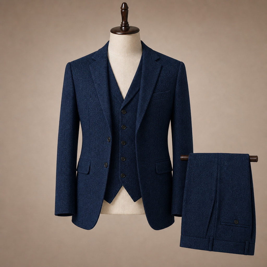 Herringbone Waistcoat Tweed Classic Fit Navy – Product Photo