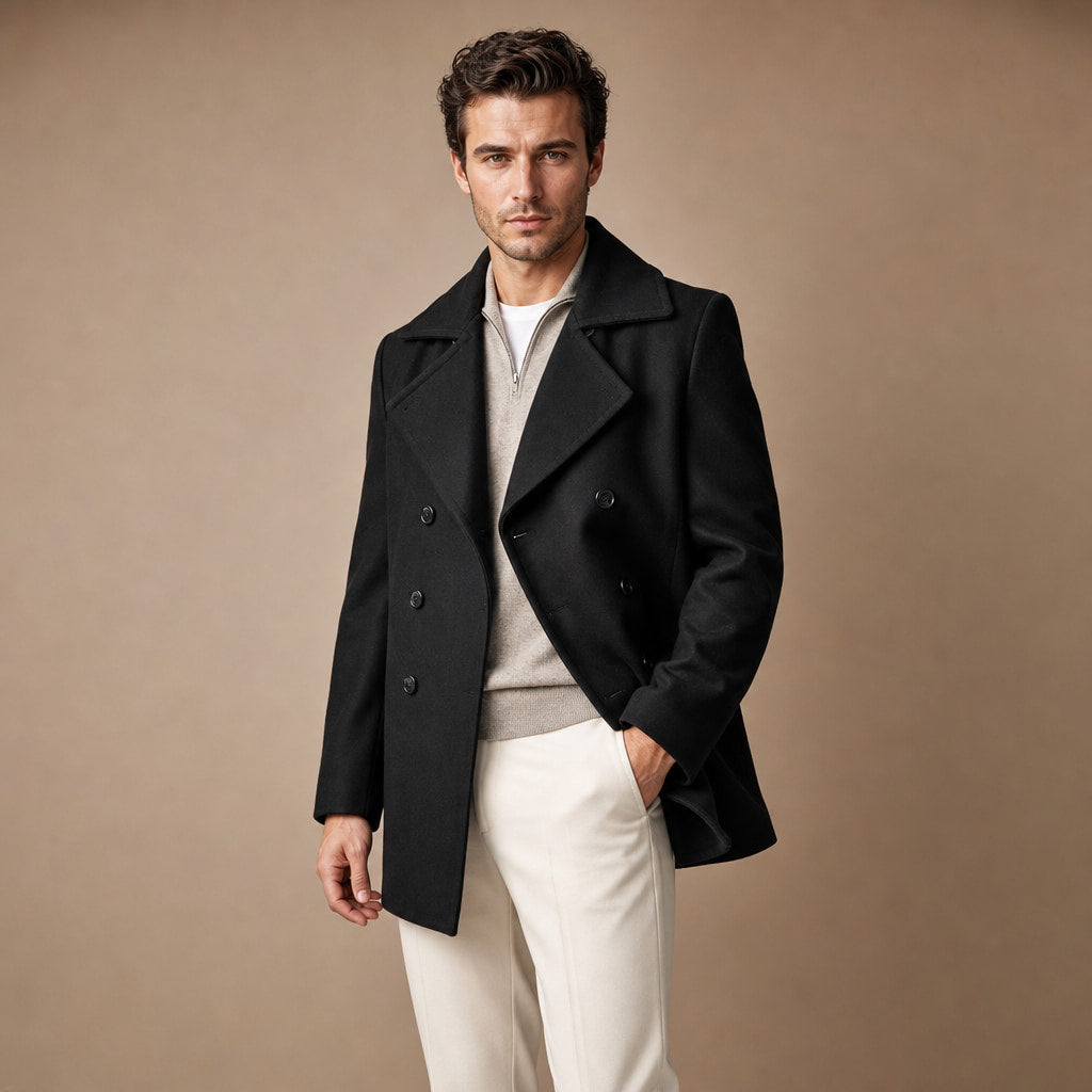 Bestowed Black Double-Breasted Wool Pea coat For Men Black – Side Angle View