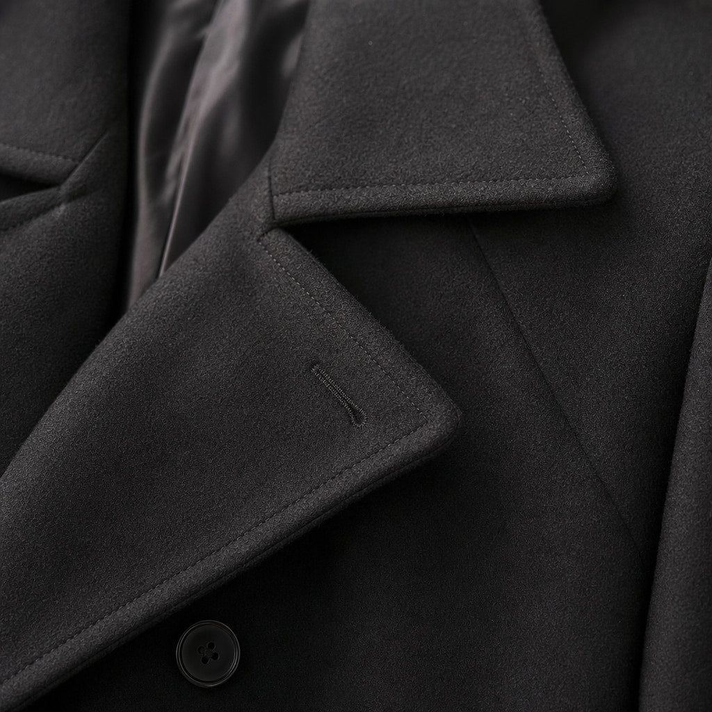 Bestowed Black Double-Breasted Wool Pea coat For Men Black – Fabric and Detail Close-Up