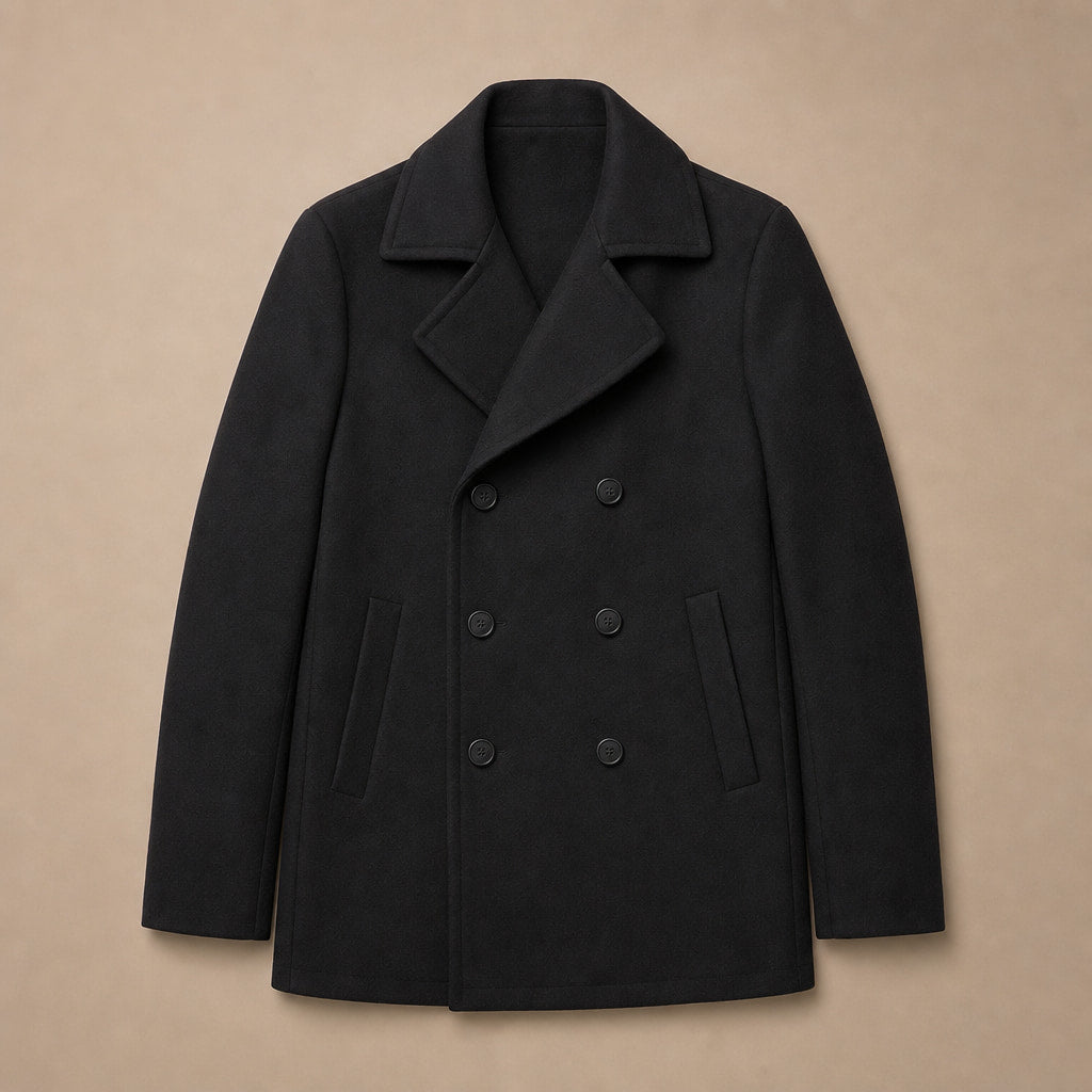 Bestowed Black Double-Breasted Wool Pea coat For Men Black – Flat Lay Product Photo