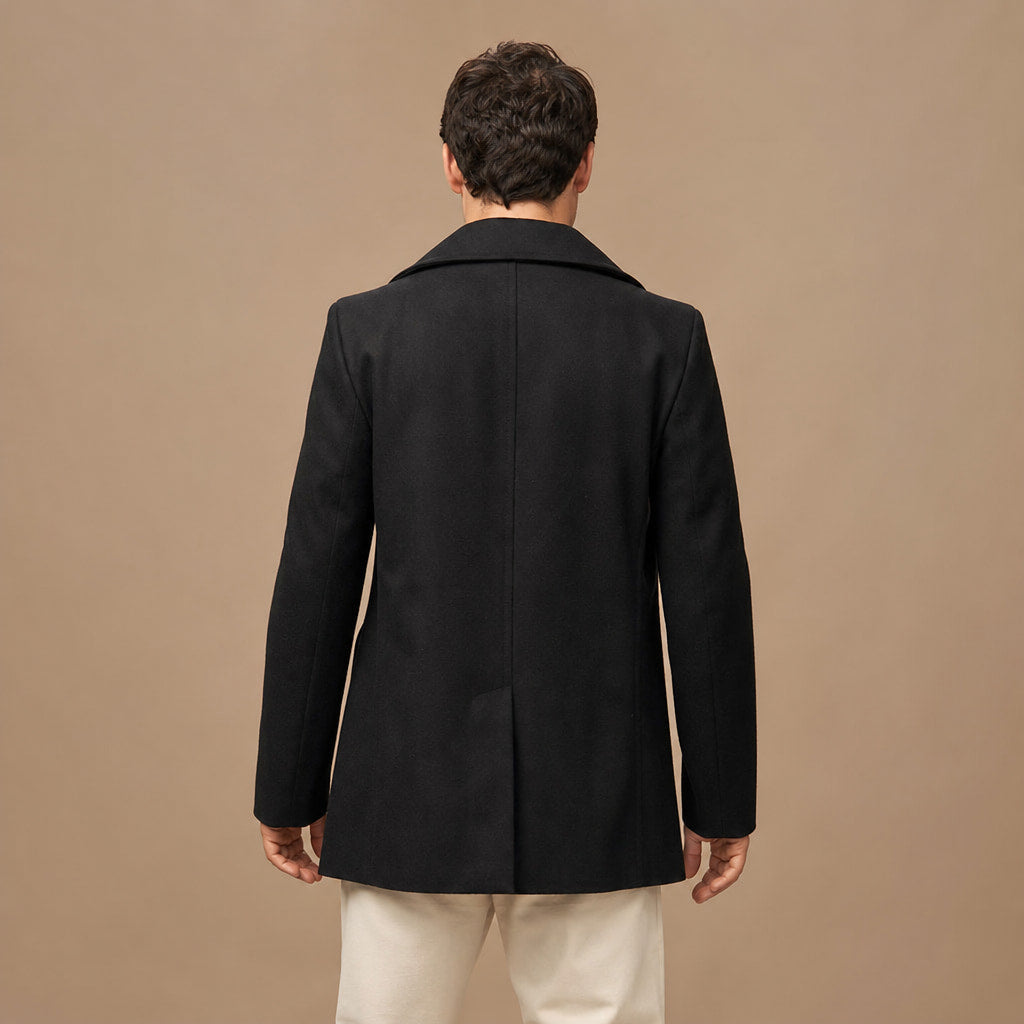 Bestowed Black Double-Breasted Wool Pea coat For Men Black – Full Look