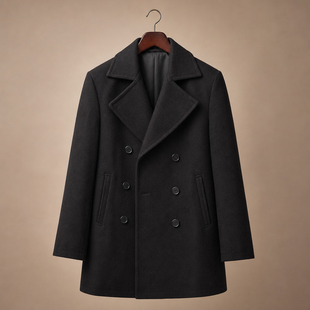 Bestowed Black Double-Breasted Wool Pea coat For Men Black – Product Photo