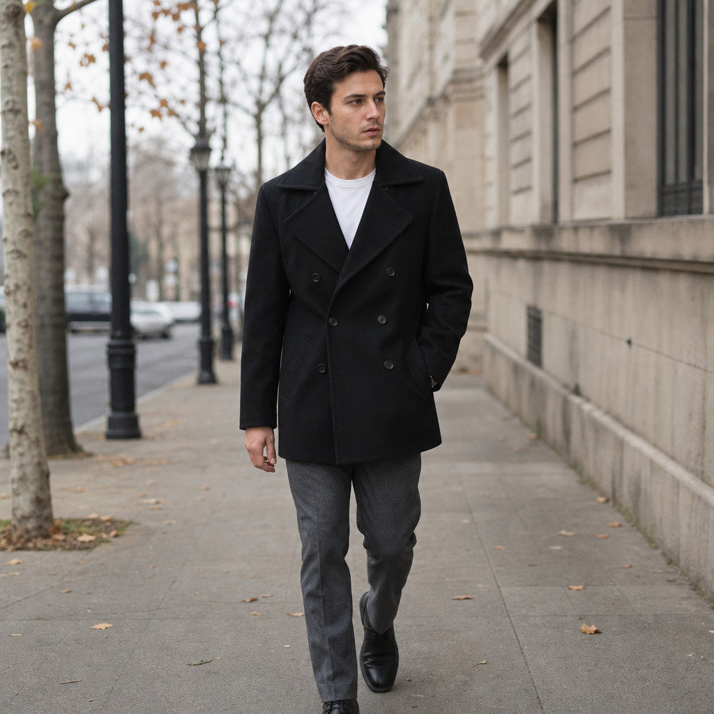 Bestowed Black Double-Breasted Wool Pea coat For Men Black – Styled Editorial Shot