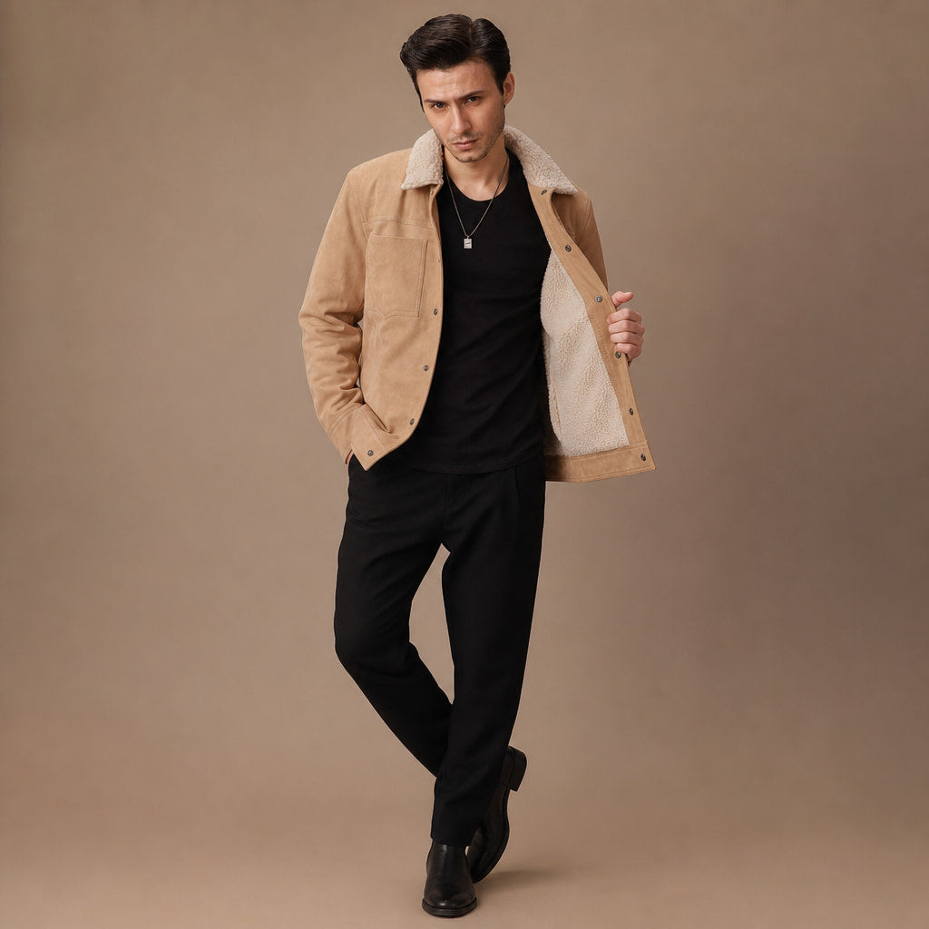 Biscotti Beige Suede Leather Trucker Jacket For Men Beige – Side Angle View