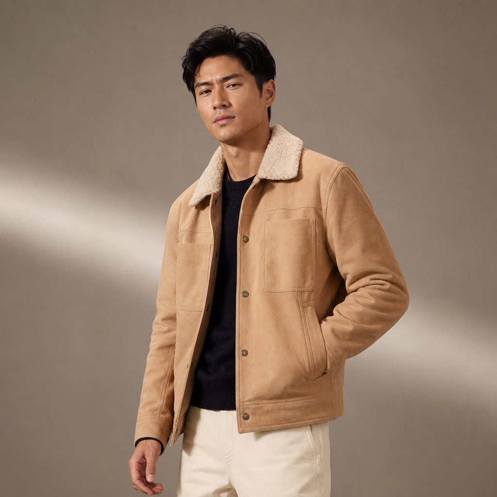 Biscotti Beige Suede Leather Trucker Jacket For Men Beige – Side Angle View