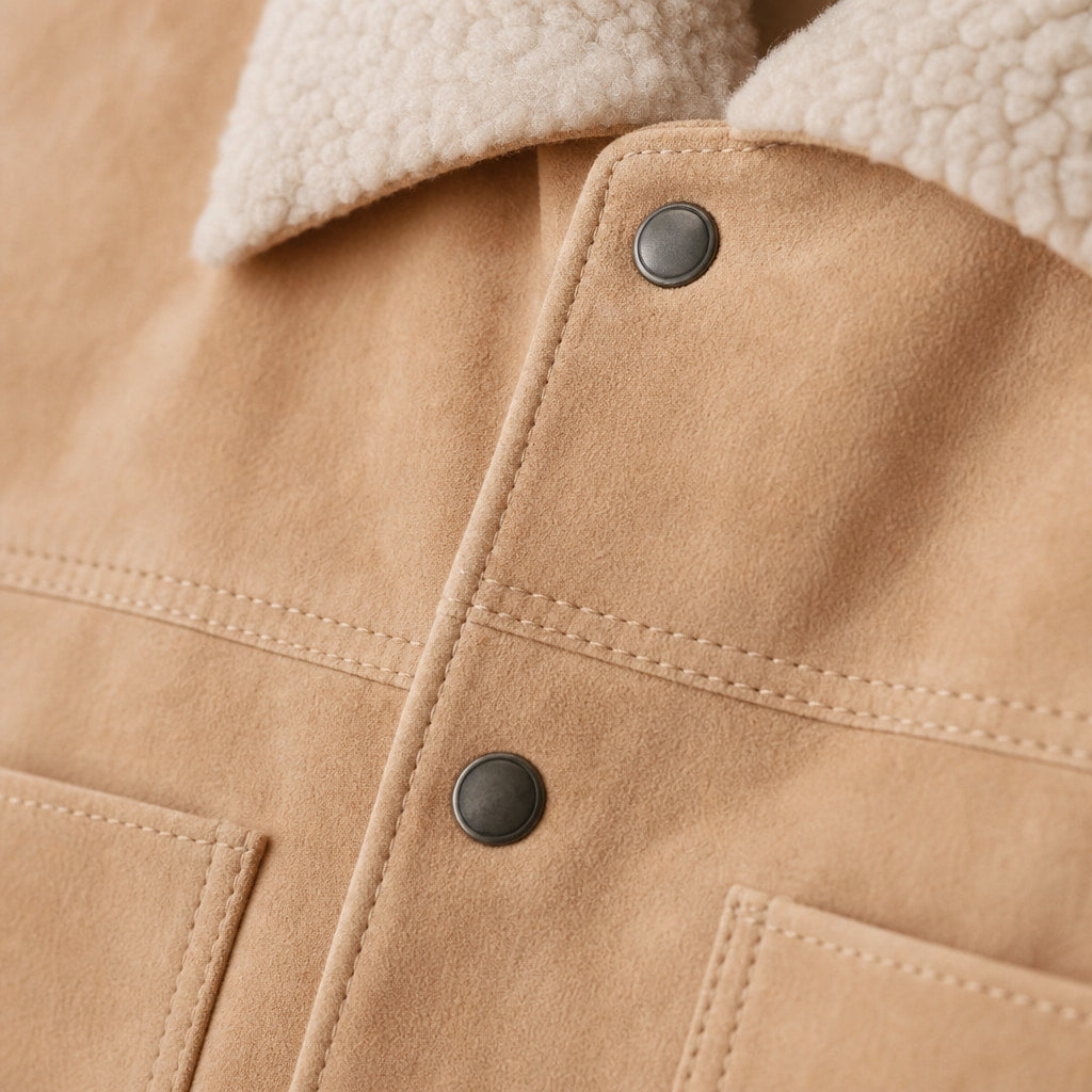 Biscotti Beige Suede Leather Trucker Jacket For Men Beige – Fabric and Detail Close-Up