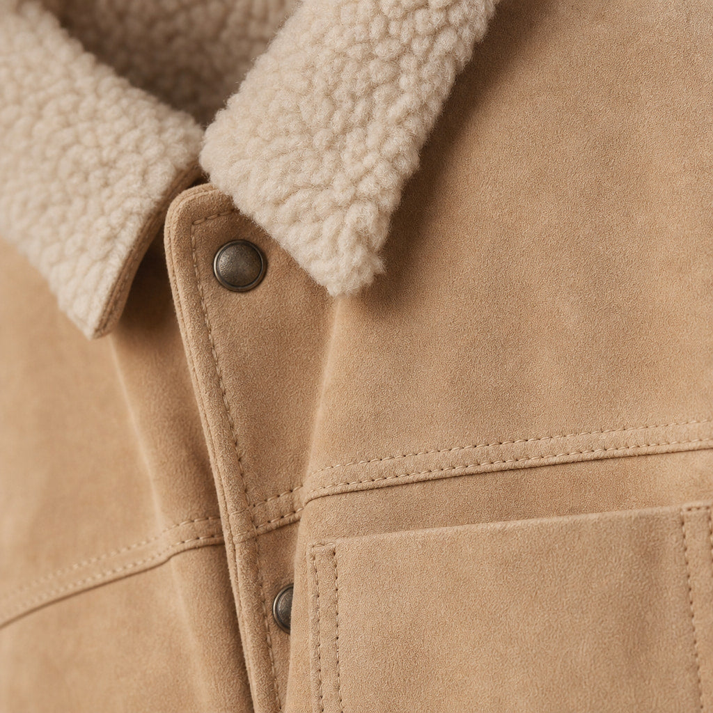 Biscotti Beige Suede Leather Trucker Jacket For Men Beige – Fabric and Detail Close-Up