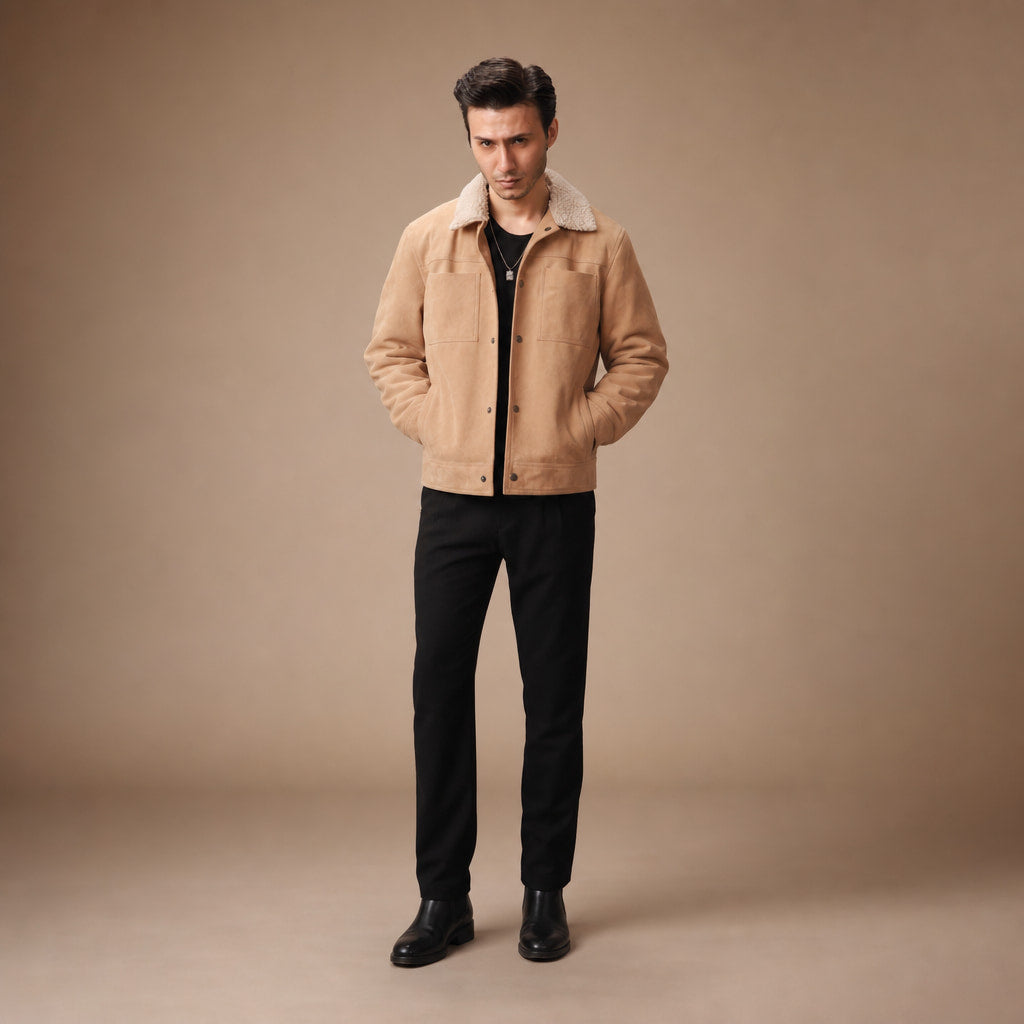 Biscotti Beige Suede Leather Trucker Jacket For Men Beige – Full Look