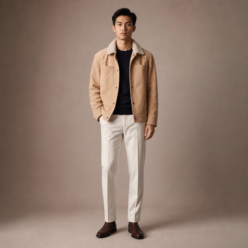 Biscotti Beige Suede Leather Trucker Jacket For Men Beige – Full Look