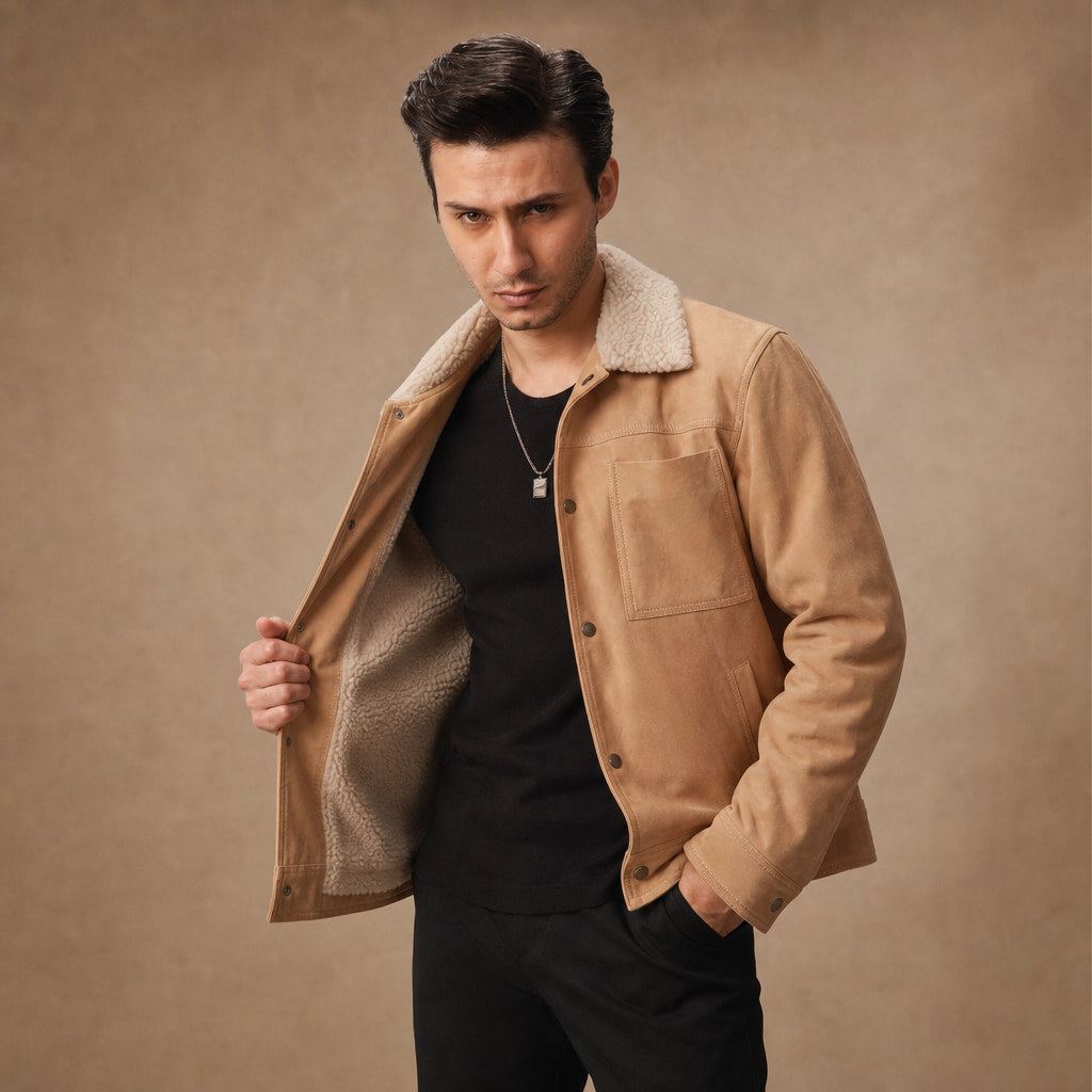 Biscotti Beige Suede Leather Trucker Jacket For Men in Beige – Tarlano Premium Menswear