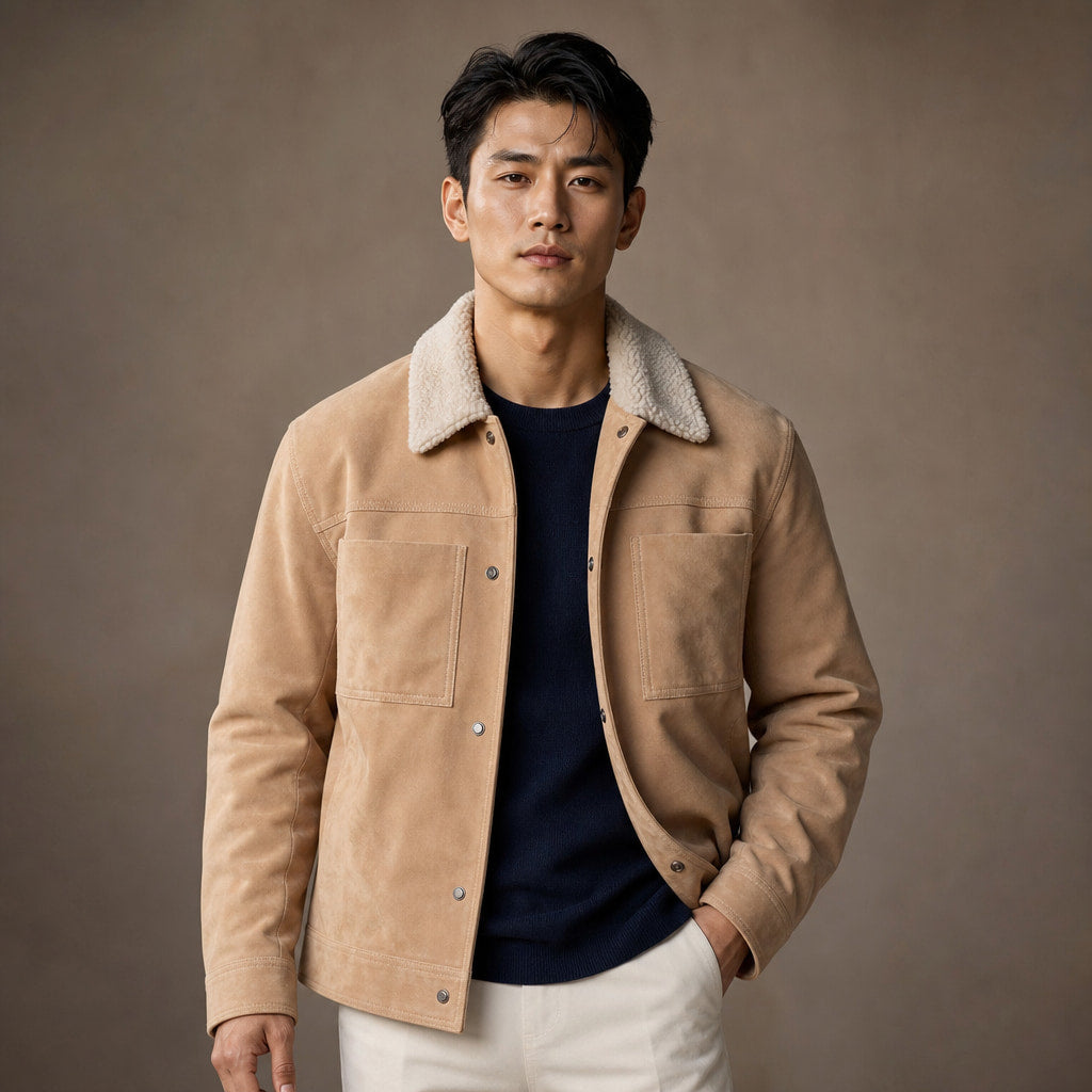 Biscotti Beige Suede Leather Trucker Jacket For Men in Beige – Tarlano Premium Menswear