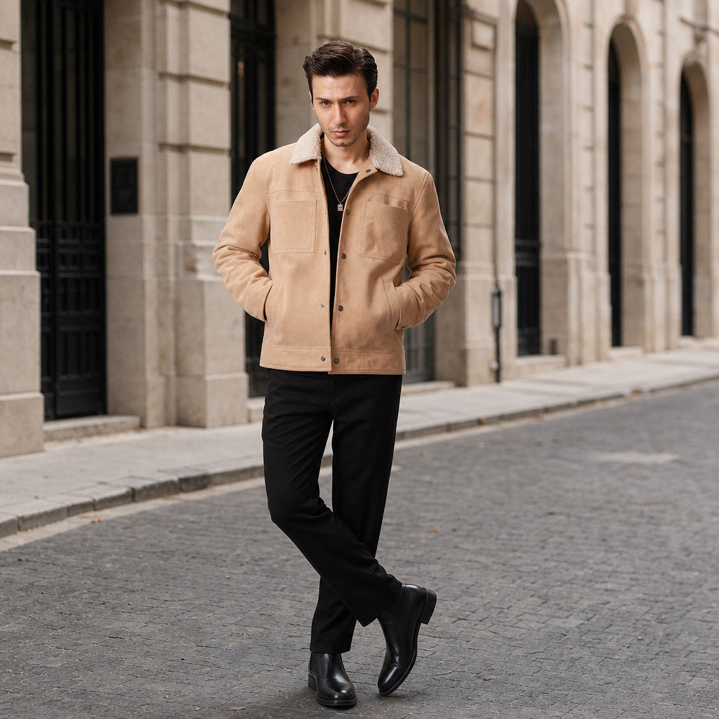 Biscotti Beige Suede Leather Trucker Jacket For Men Beige – Styled Editorial Shot