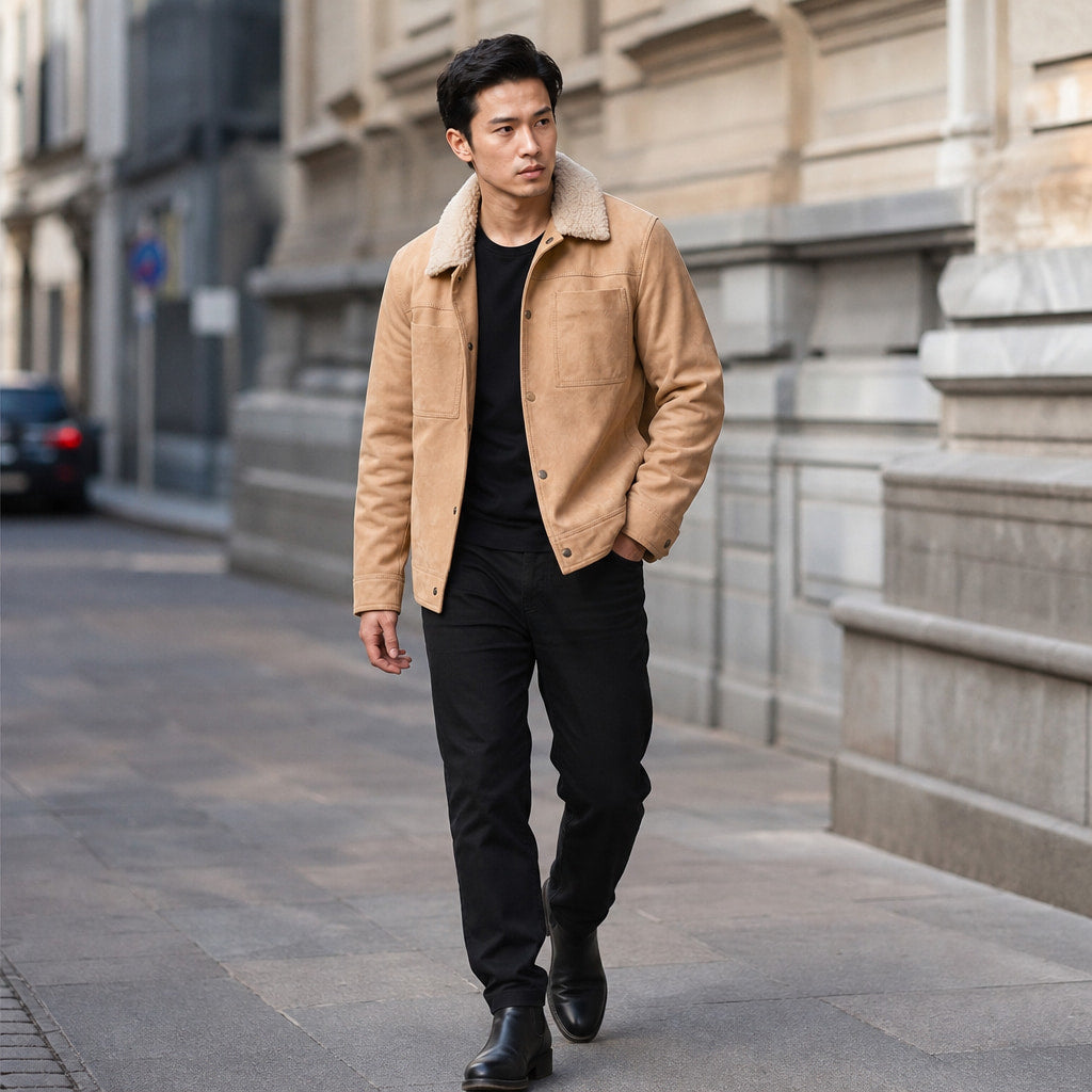 Biscotti Beige Suede Leather Trucker Jacket For Men Beige – Styled Editorial Shot