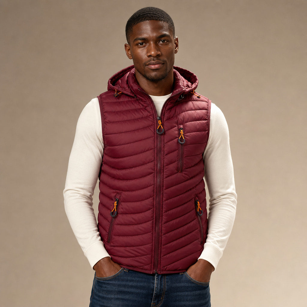 Windproof Puffer Vest Lightweight Sleeveless Dark Red – Product Photo