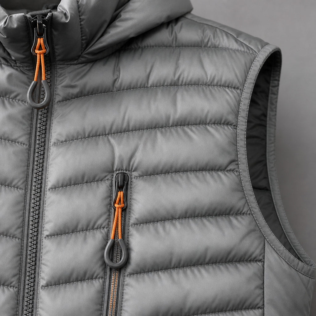 Windproof Puffer Vest Lightweight Sleeveless Silver – Fabric and Detail Close-Up