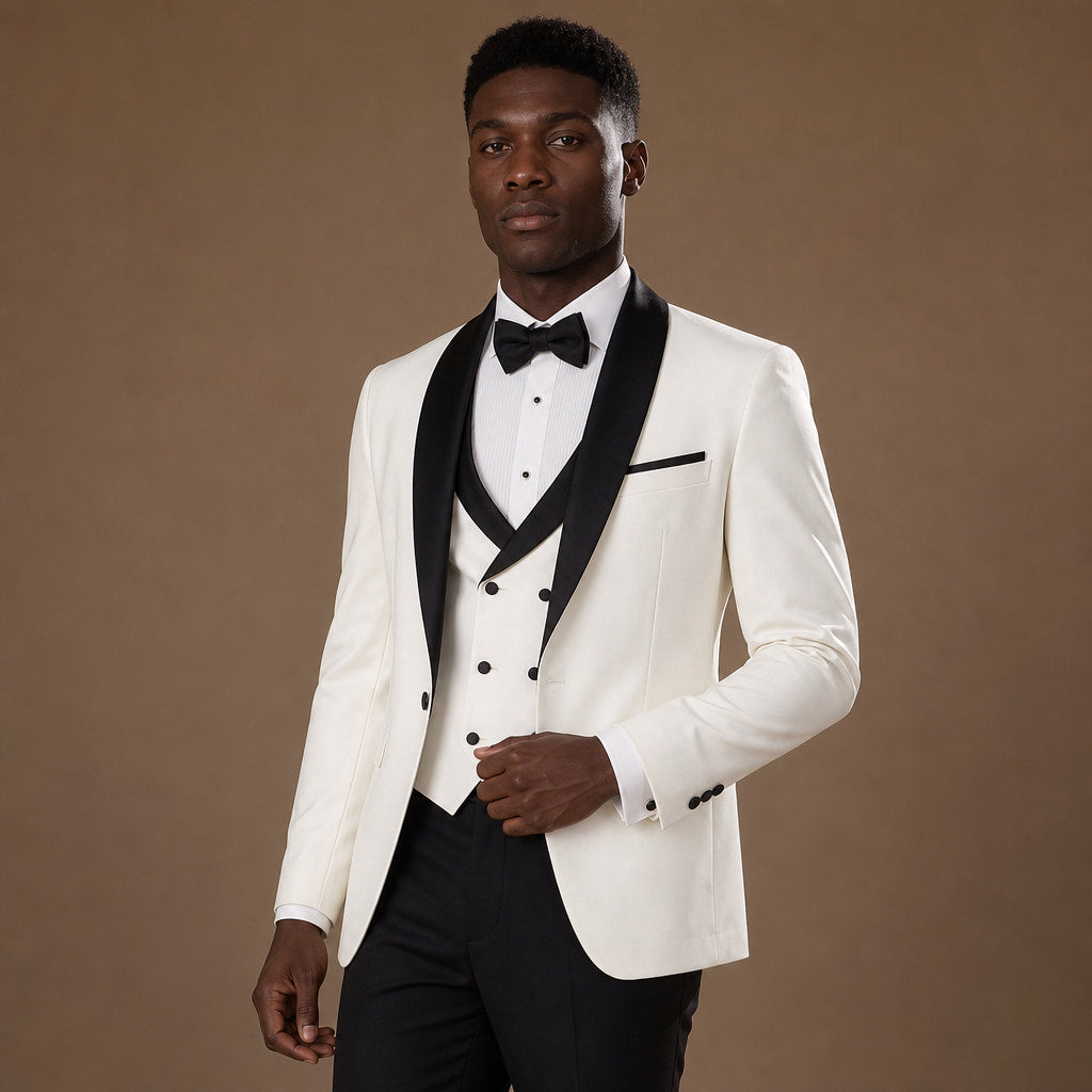 Tuxedo Suit Shawl Lapel White White – Side Angle View