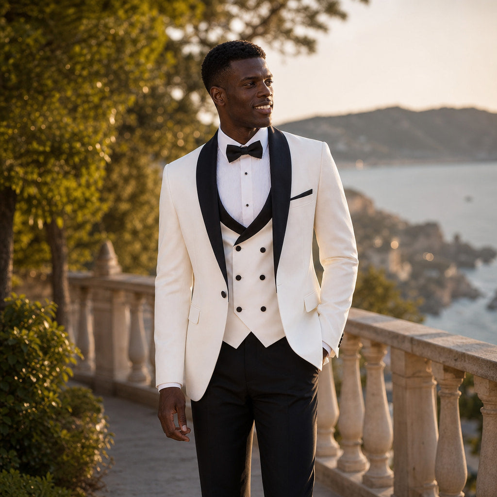 Tuxedo Suit Shawl Lapel White White – Styled Editorial Shot